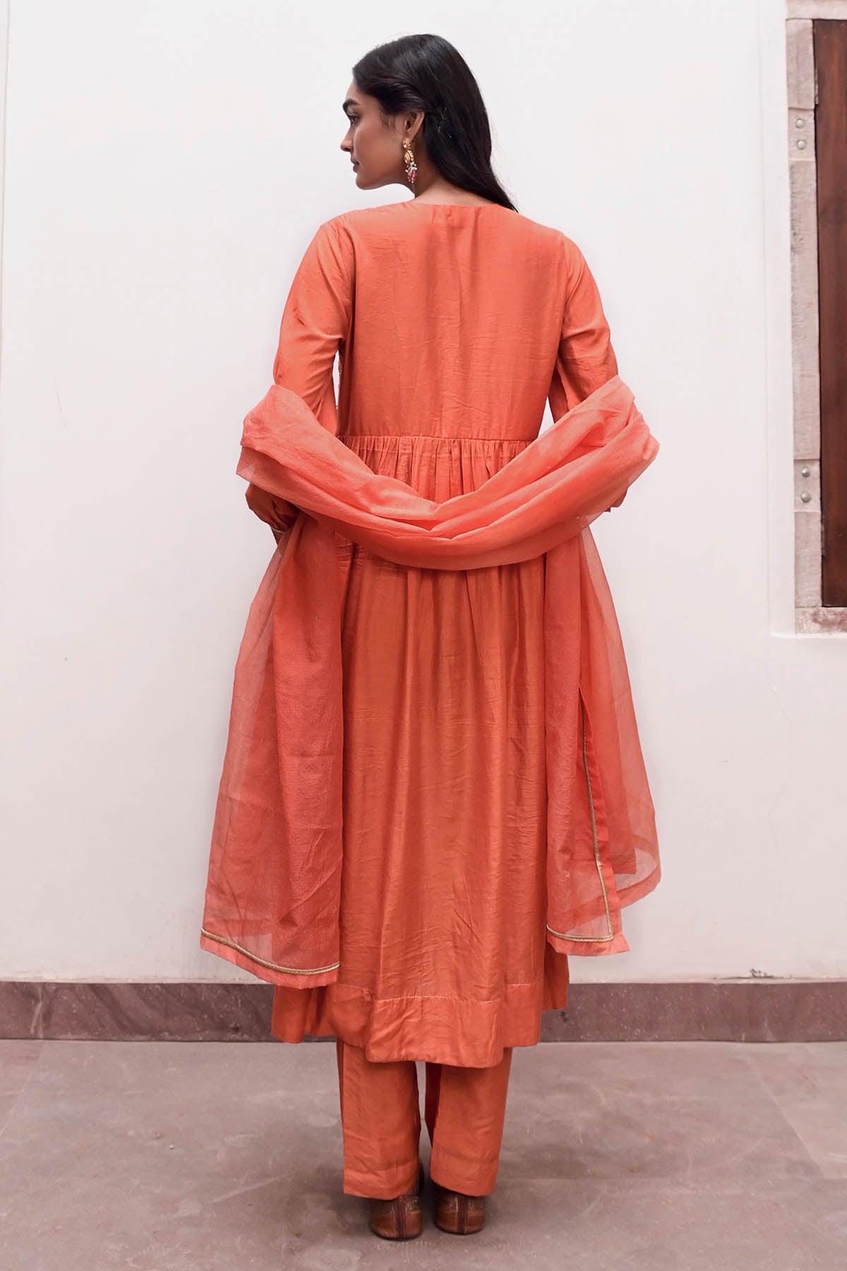 Orange Zari Checkered Kurta Set