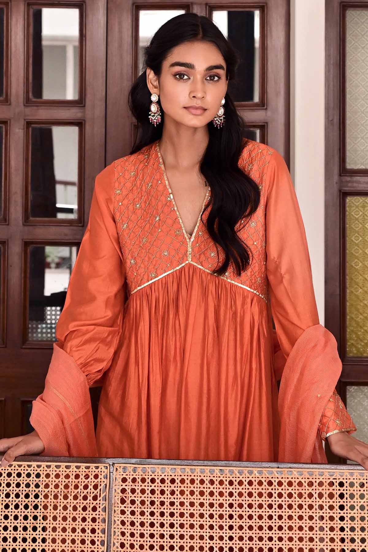 Orange Zari Checkered Kurta Set