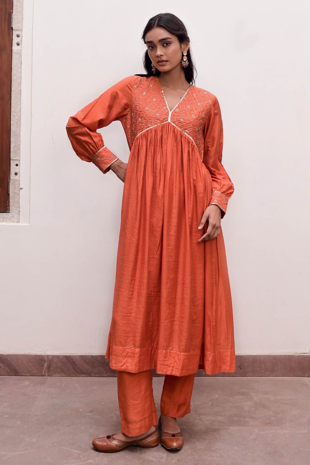 Orange Zari Checkered Kurta Set