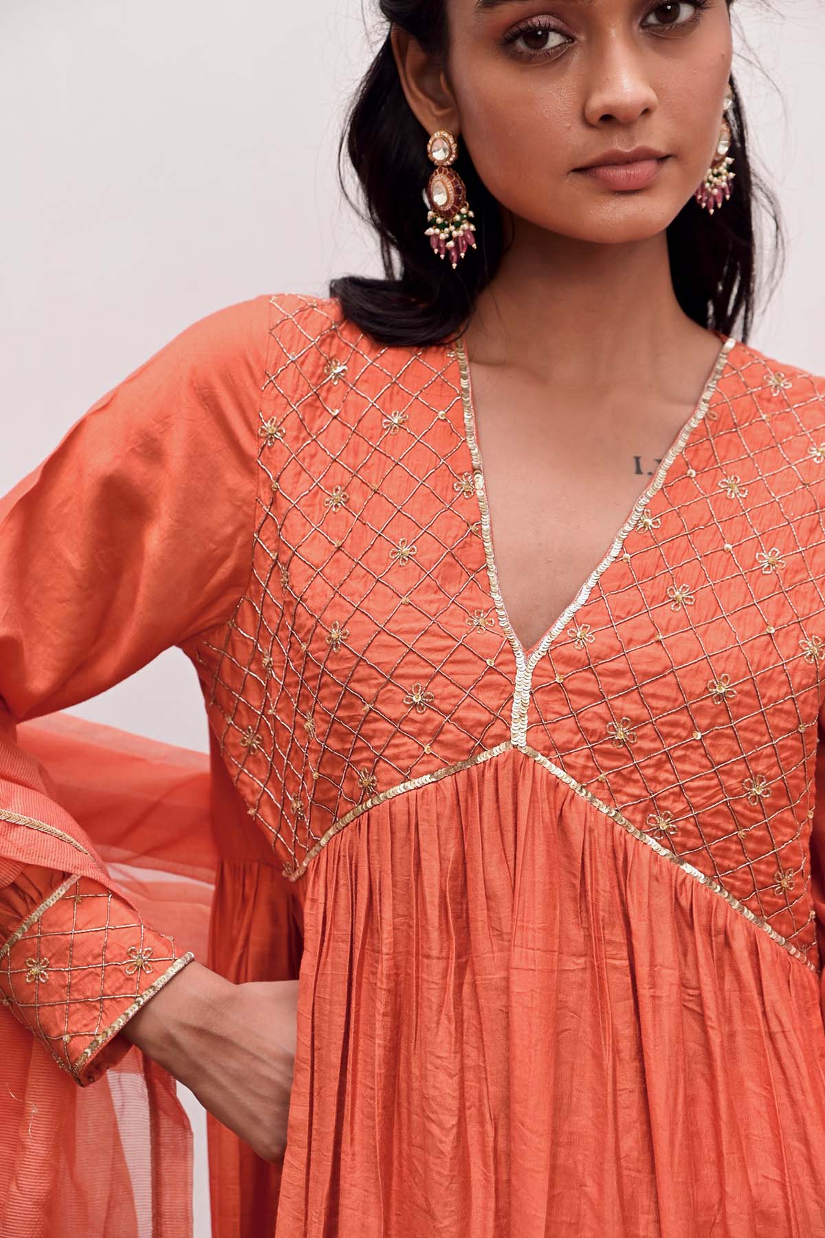 Orange Zari Checkered Kurta Set