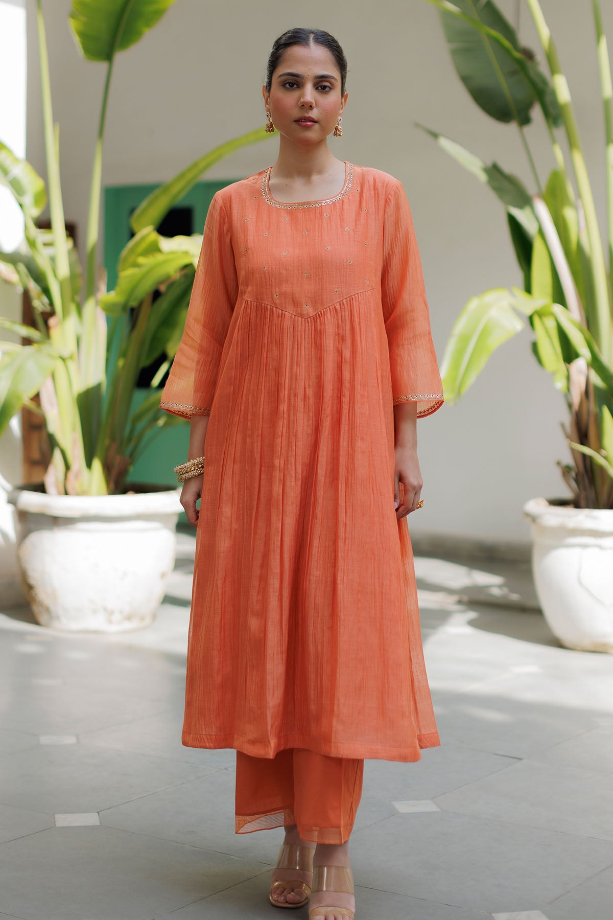 Orange Zari Detail Kurta Set
