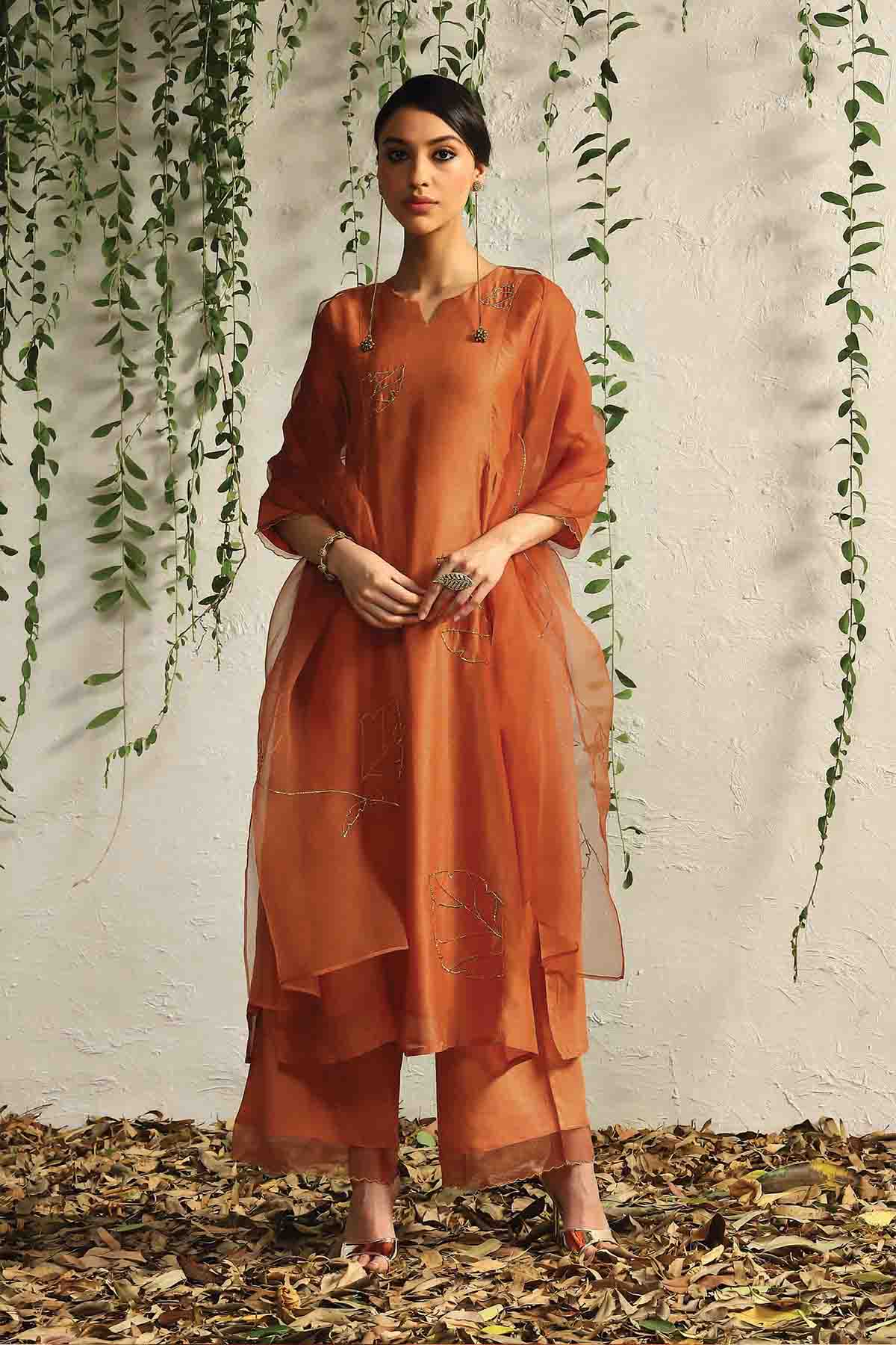 Buy Orange Zari Gathered Kurta Set by Charkhee for women online at ScrollnShops