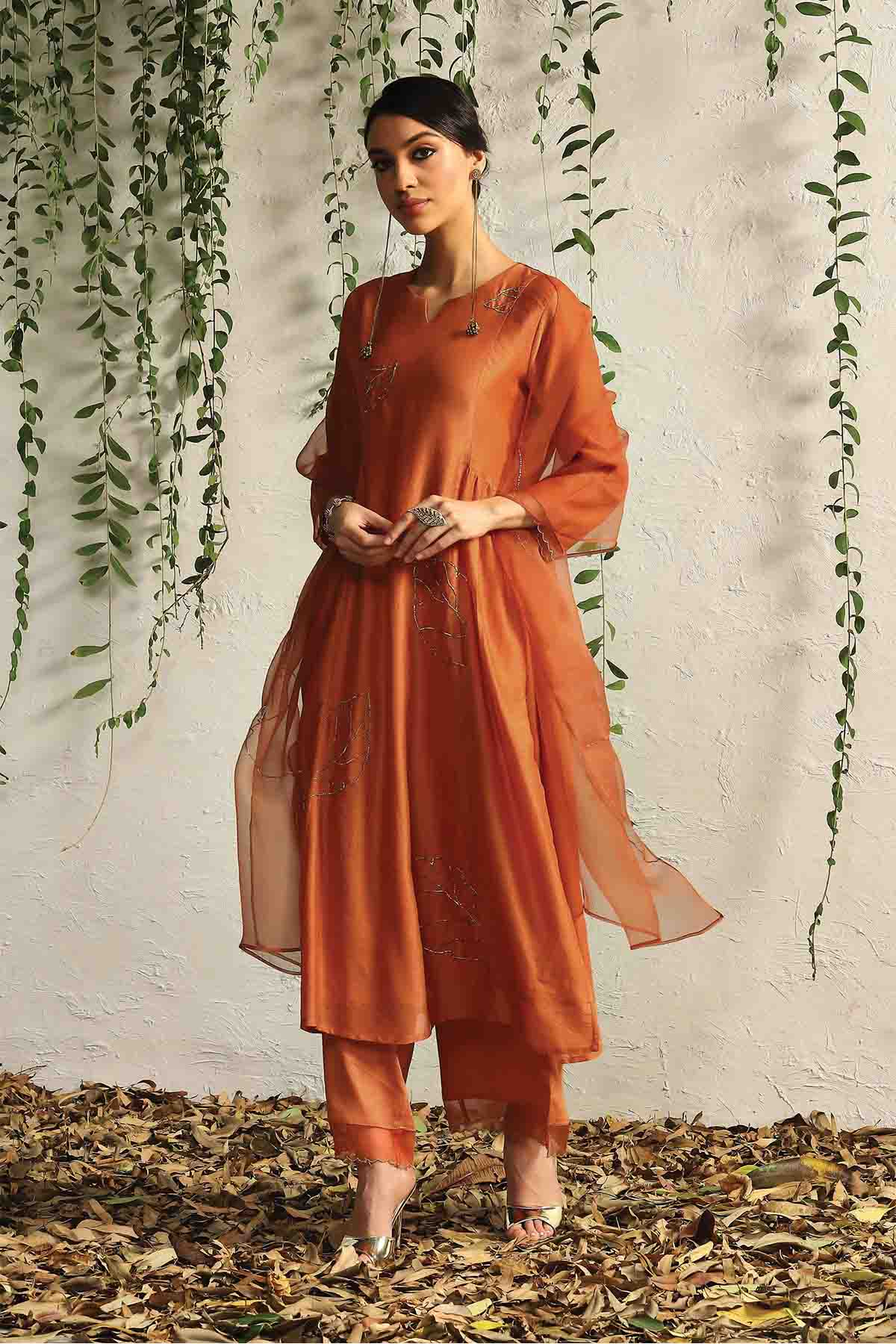 Orange Zari Gathered Kurta Set