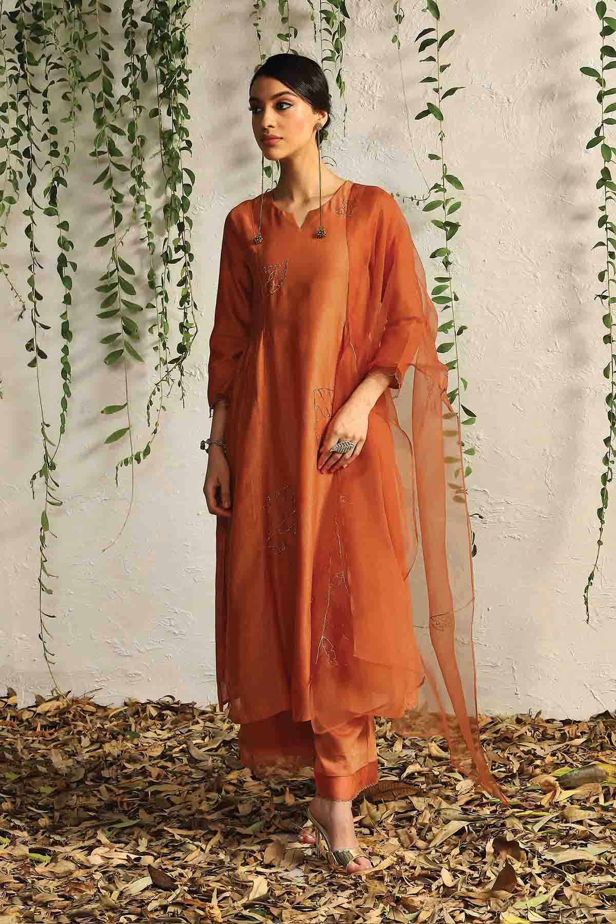 Orange Zari Gathered Kurta Set