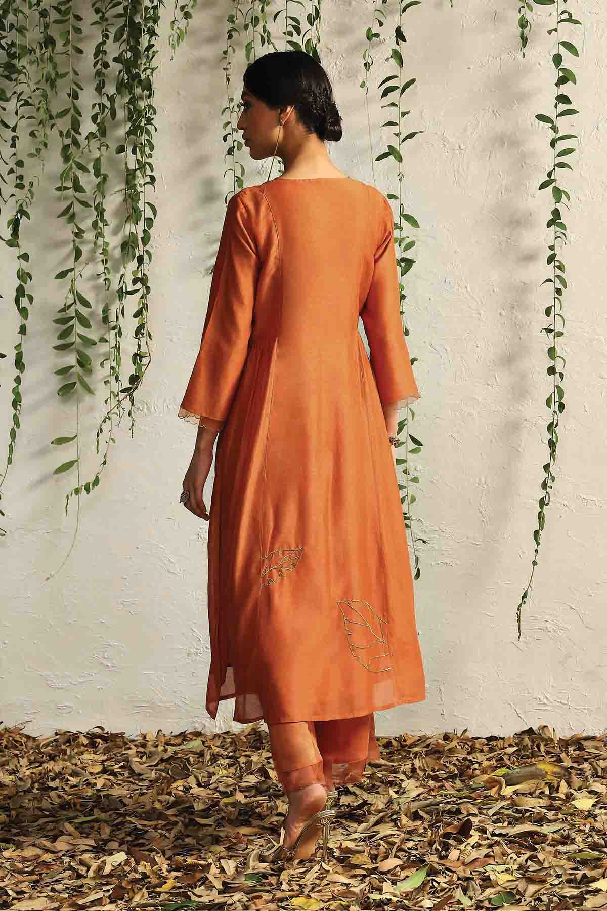Orange Zari Gathered Kurta Set