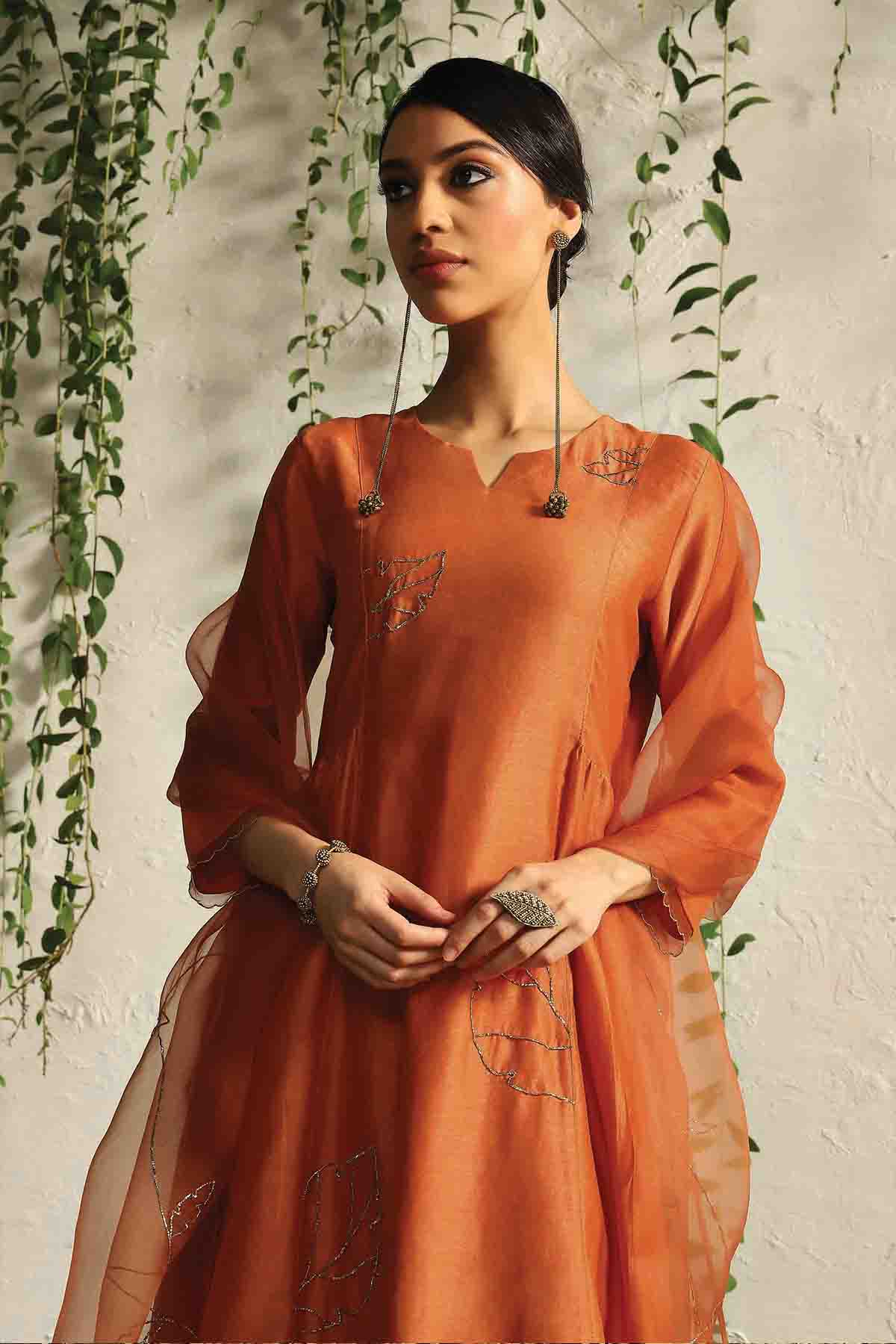 Orange Zari Gathered Kurta Set