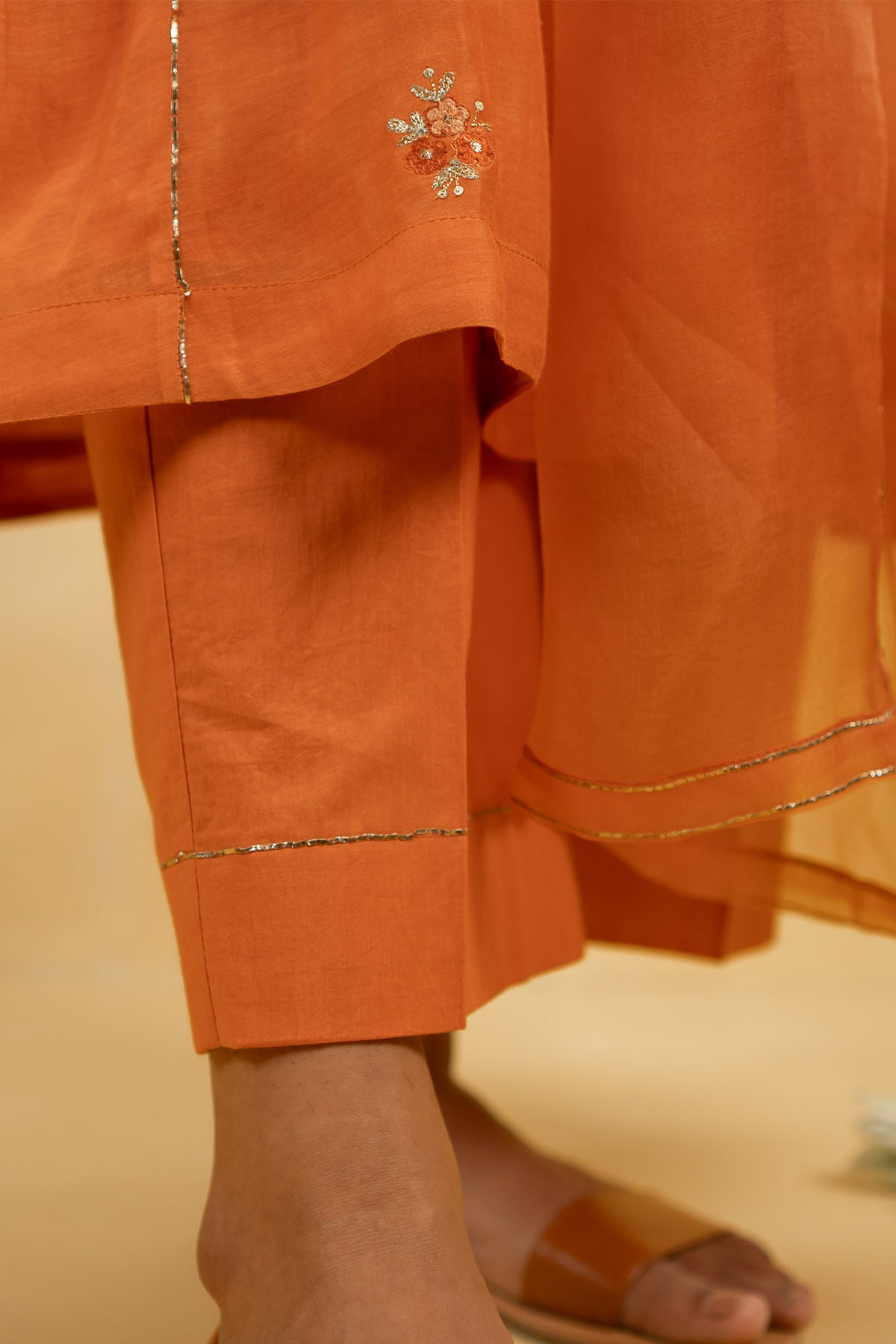 Orange Zari Pleated Kurta Set