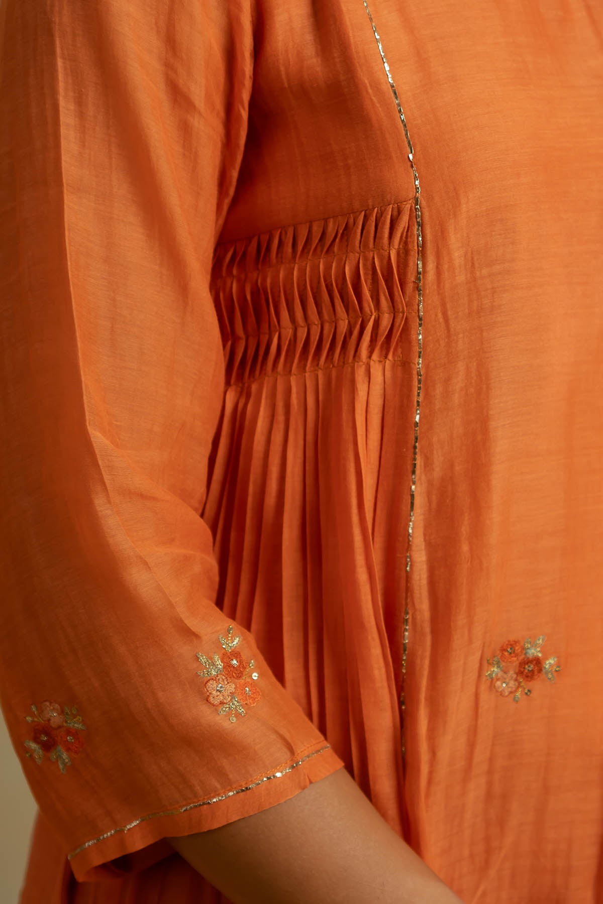 Orange Zari Pleated Kurta Set