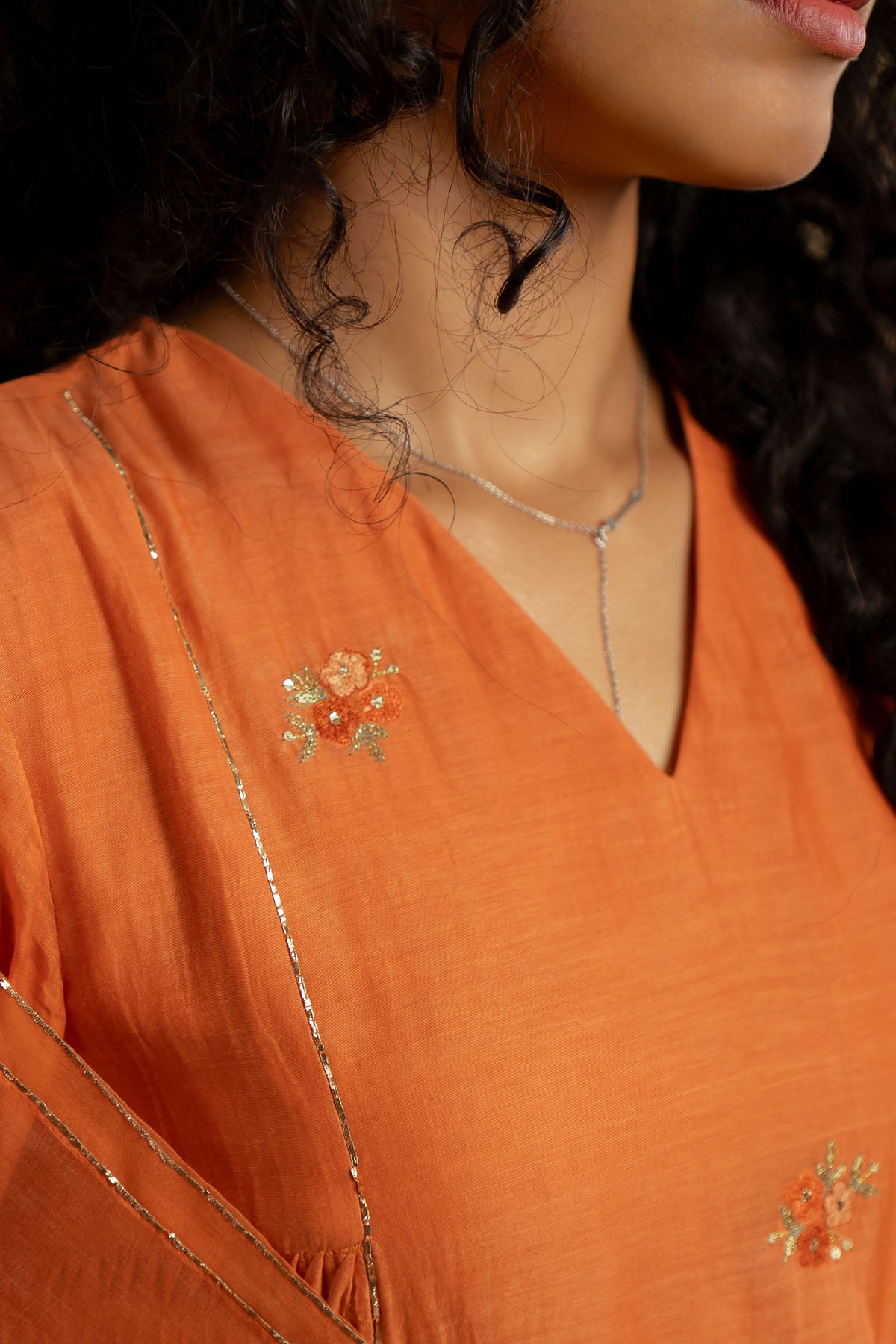 Orange Zari Pleated Kurta Set