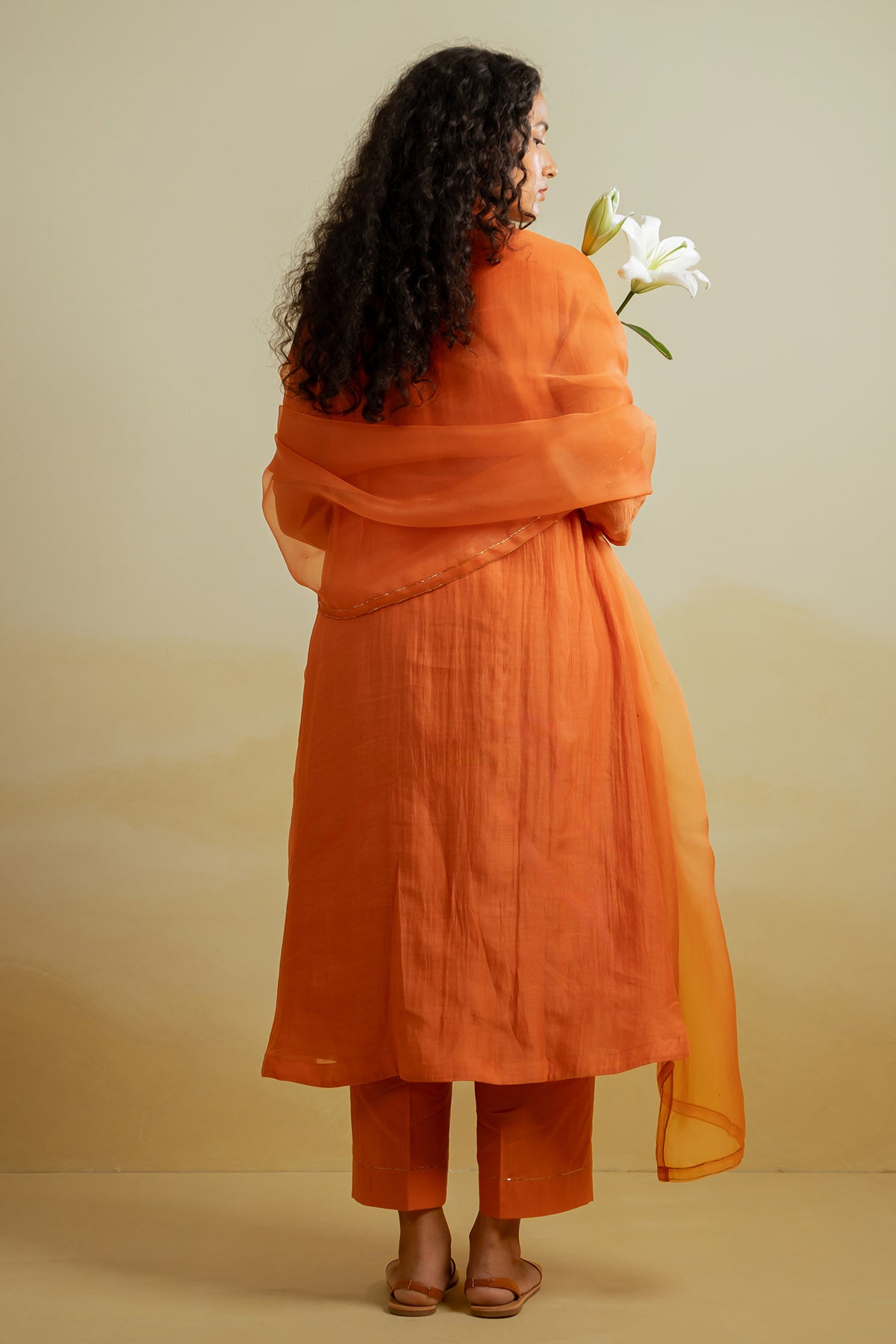 Orange Zari Pleated Kurta Set