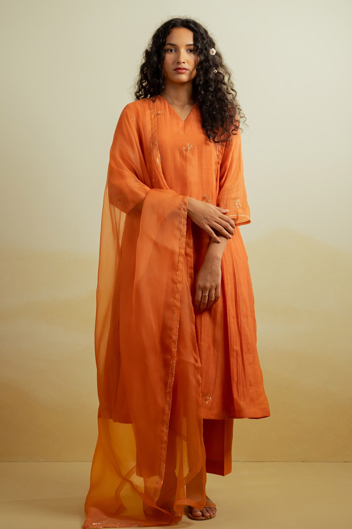 Buy Orange Zari Pleated Kurta Set by Silpaa for women online at ScrollnShops