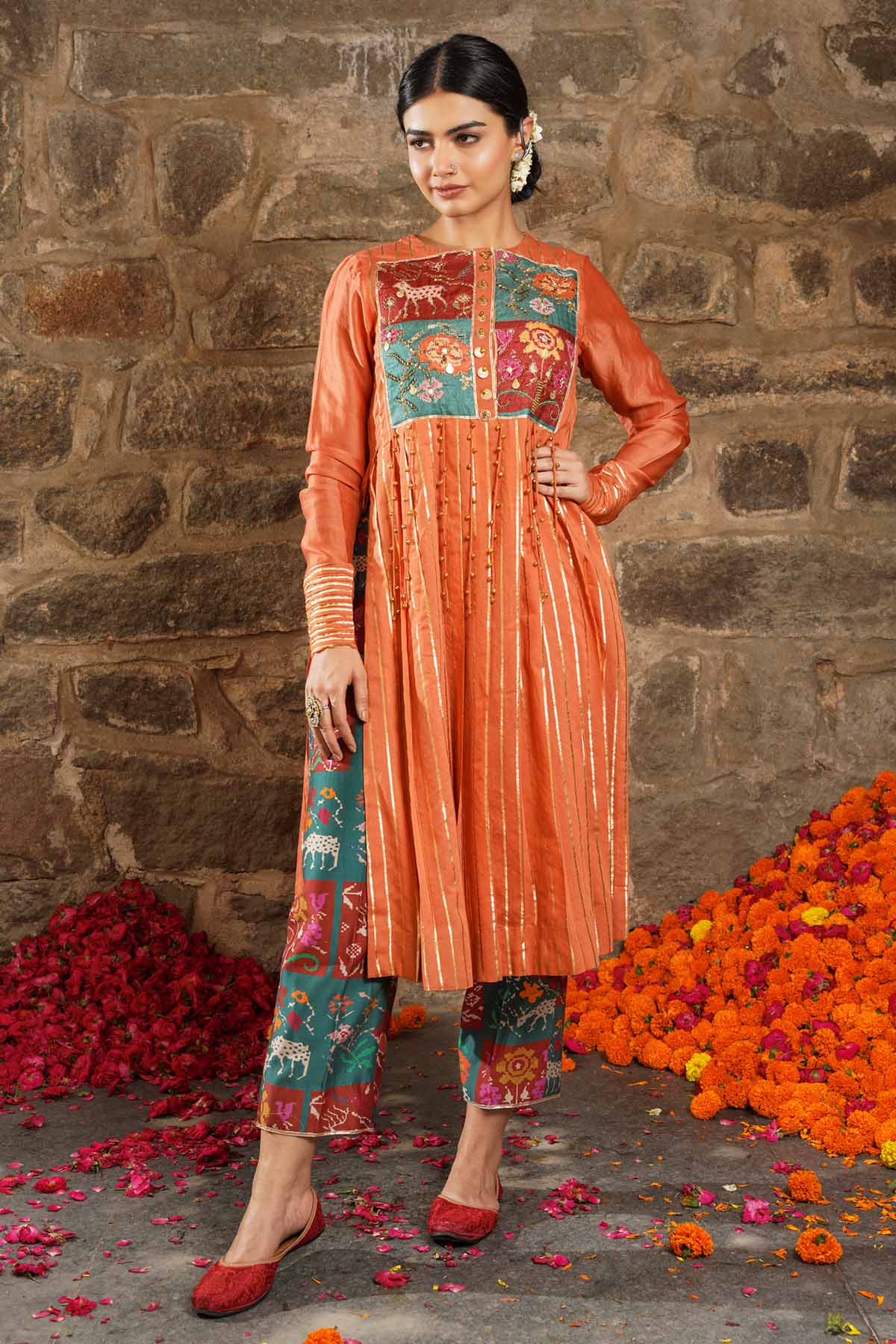 Seharre Orange Zari Stripes Kurta Set for women online at ScrollnShops