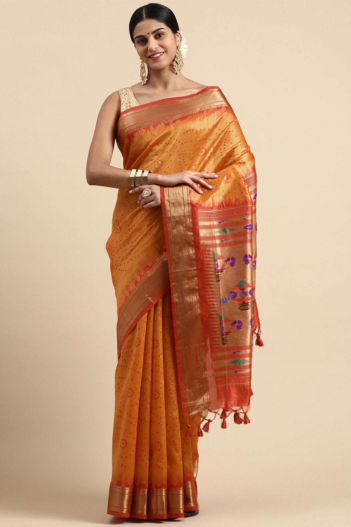 Buy Orange Zari Woven Design Saree by Lili Lala for women online at ScrollnShops