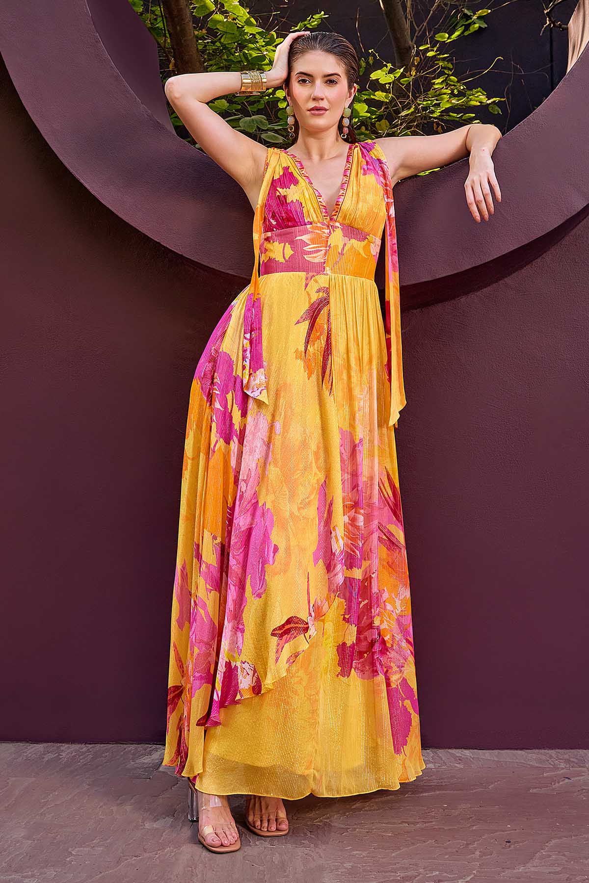 Buy Ochre Deep V-Neck Maxi Dress by Mandira Wirk