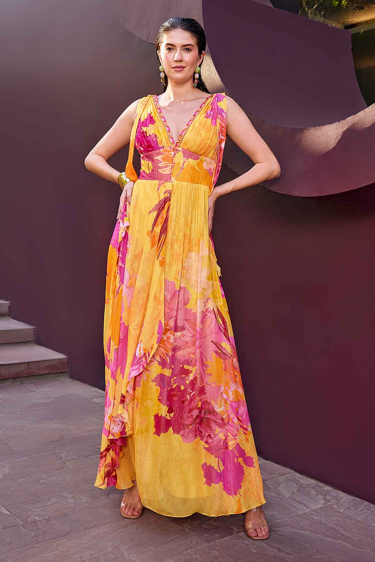 Ochre Deep V-Neck Maxi Dress - Main Image