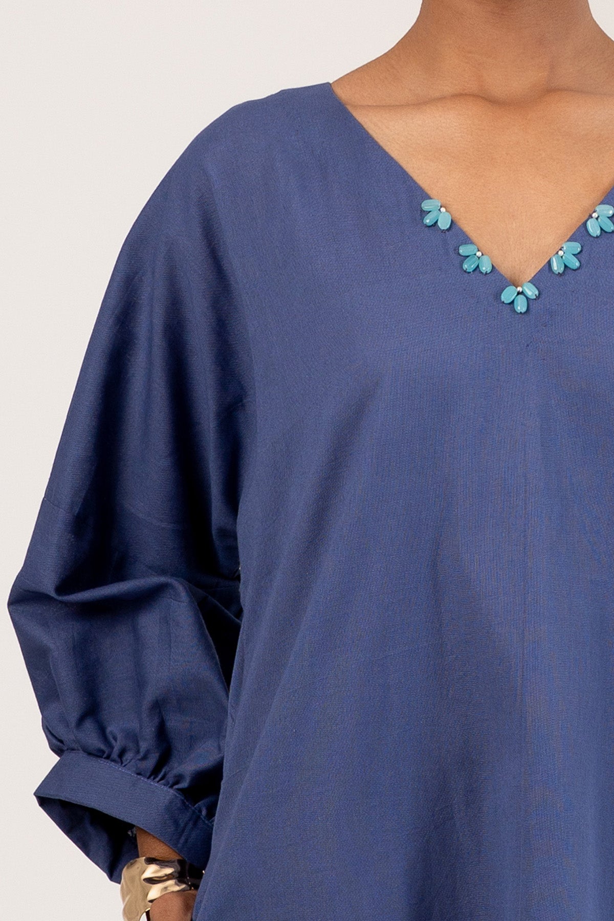 Orient Blue Cotton V-Neck Kaftan