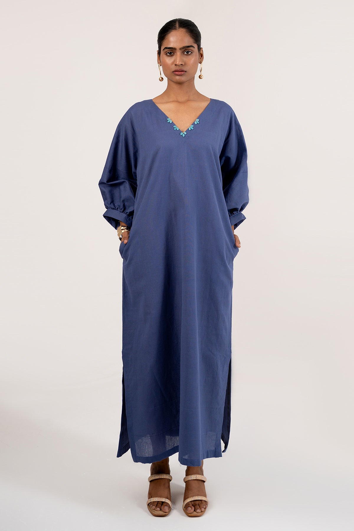 Orient Blue Cotton V-Neck Kaftan