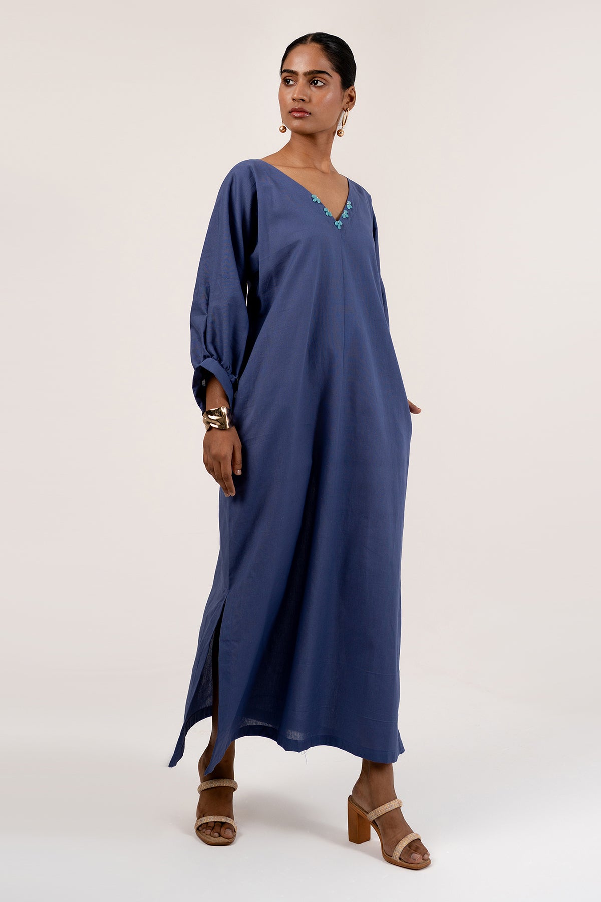 Orient Blue Cotton V-Neck Kaftan