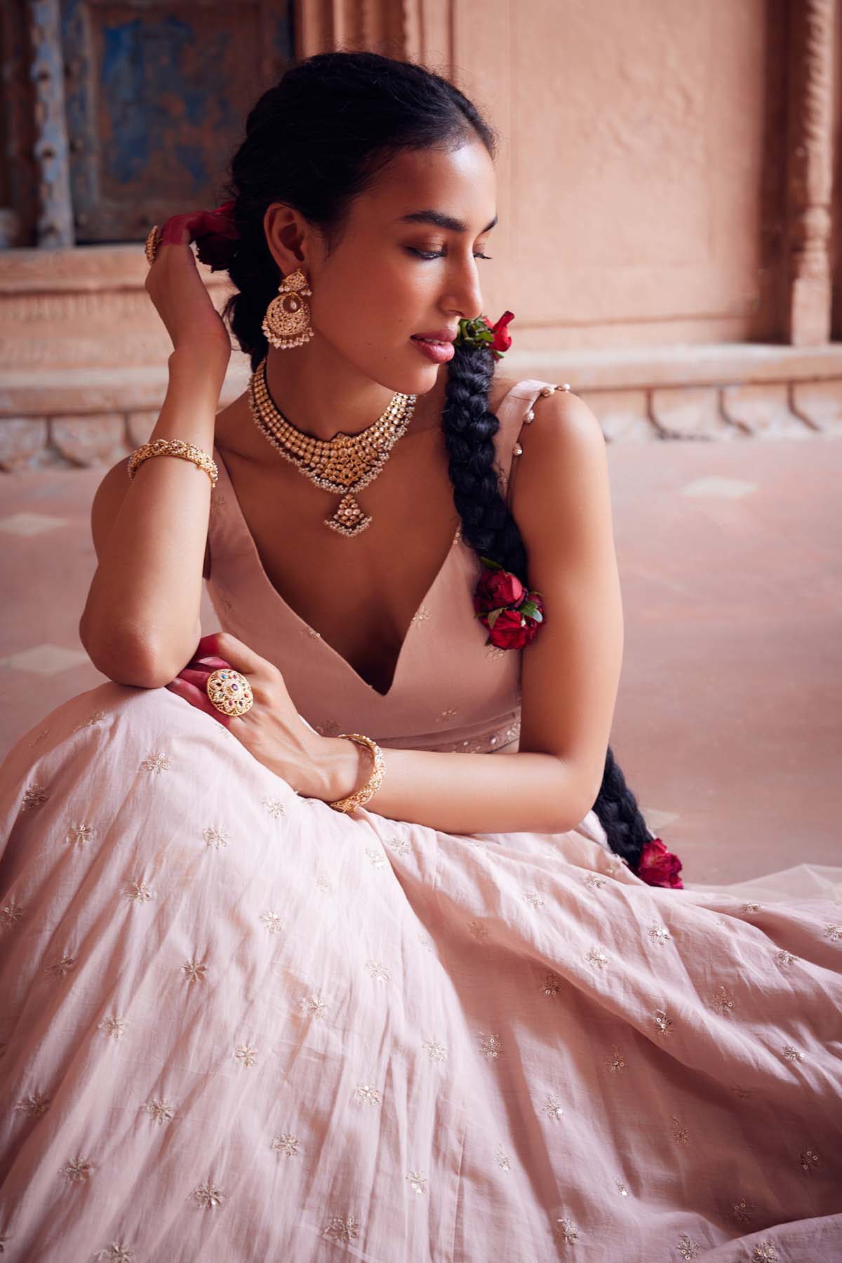 Pale Pink Embroidered Lehenga Set