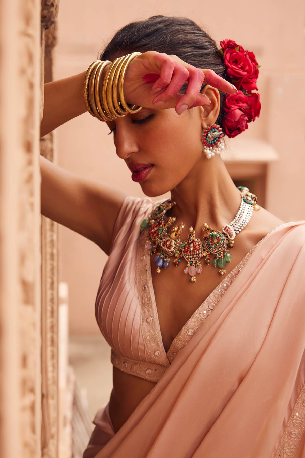 Pale Pink Prestitched Saree Set