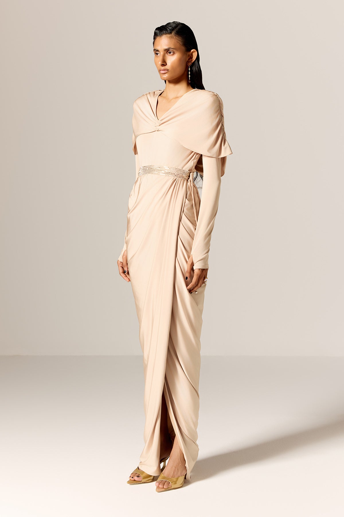 Pale Beige Draped Gown & Belt