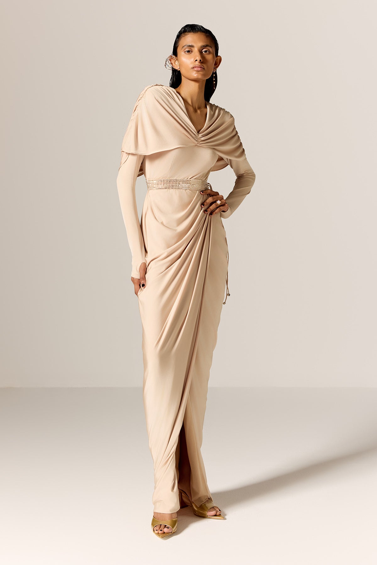 Pale Beige Draped Gown & Belt