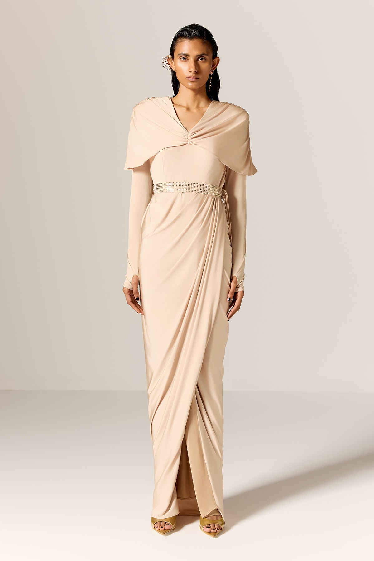 Buy Pale Beige Draped Gown & Belt by Manika Nanda for Women online at ScrollnShops