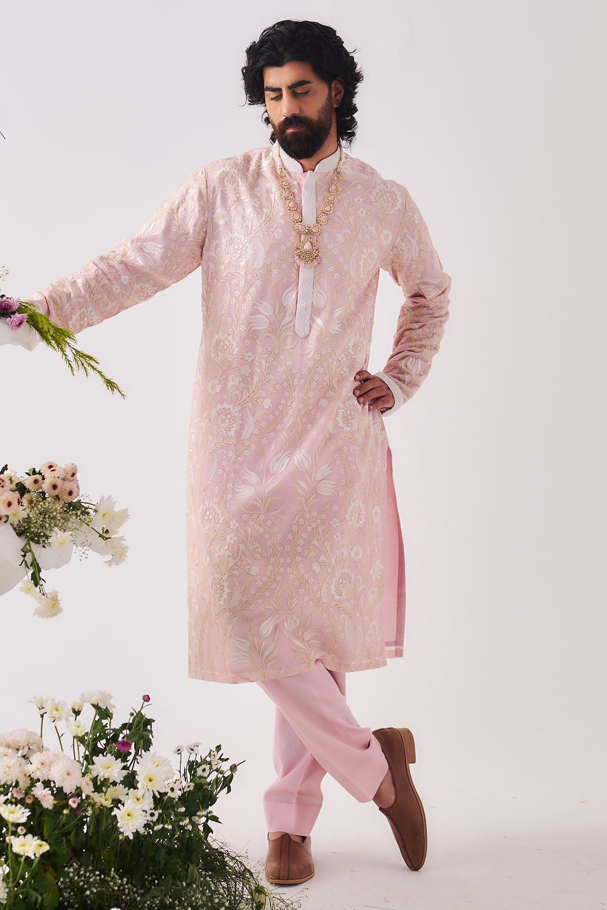 Buy Pale Pink Chanderi Kurta Set for Men by WABI SABI available online at ScrollnShops