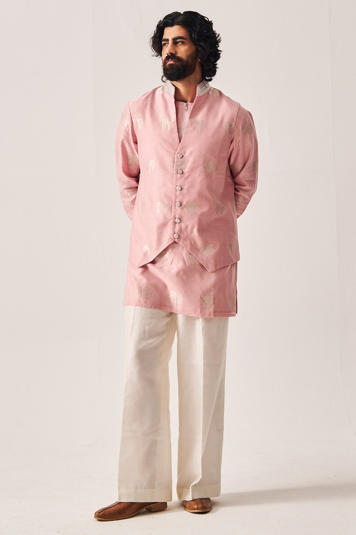 Buy Pale Pink Dabka Work Bundi Set for Men by WABI SABI available online at ScrollnShops
