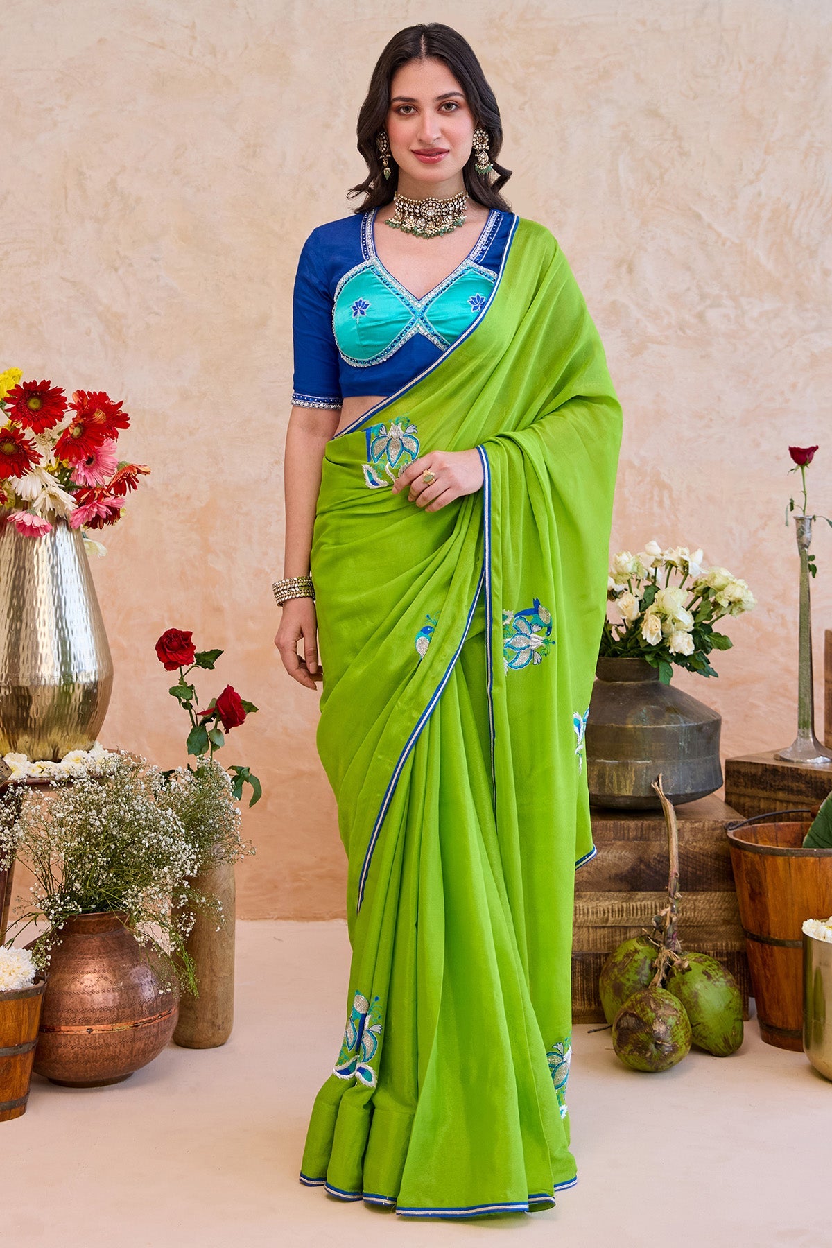 Buy Parrot Green Floral Saree Set for women by Taro India online available at scrollnshops