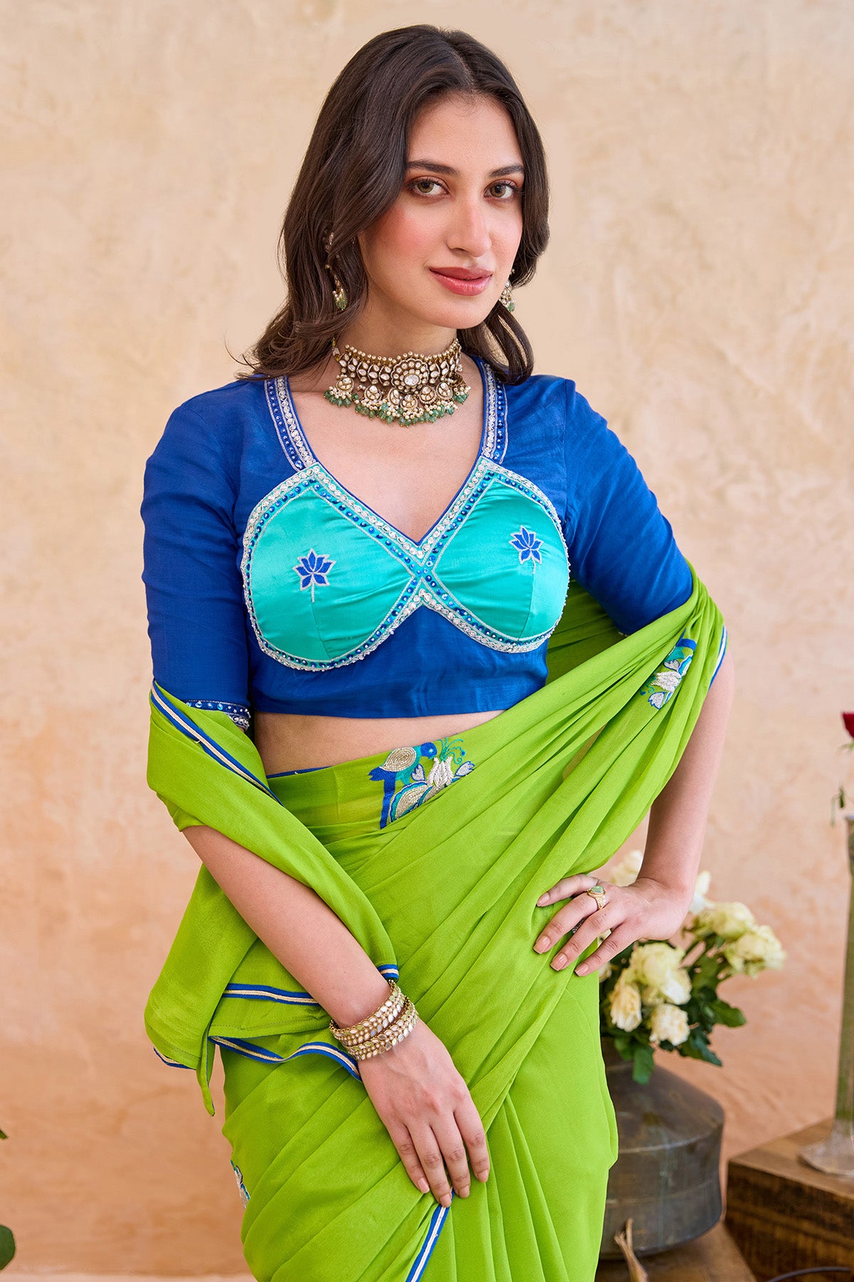 Parrot Green Floral Saree Set