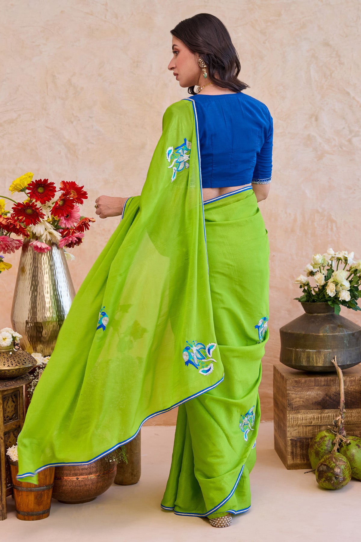 Parrot Green Floral Saree Set