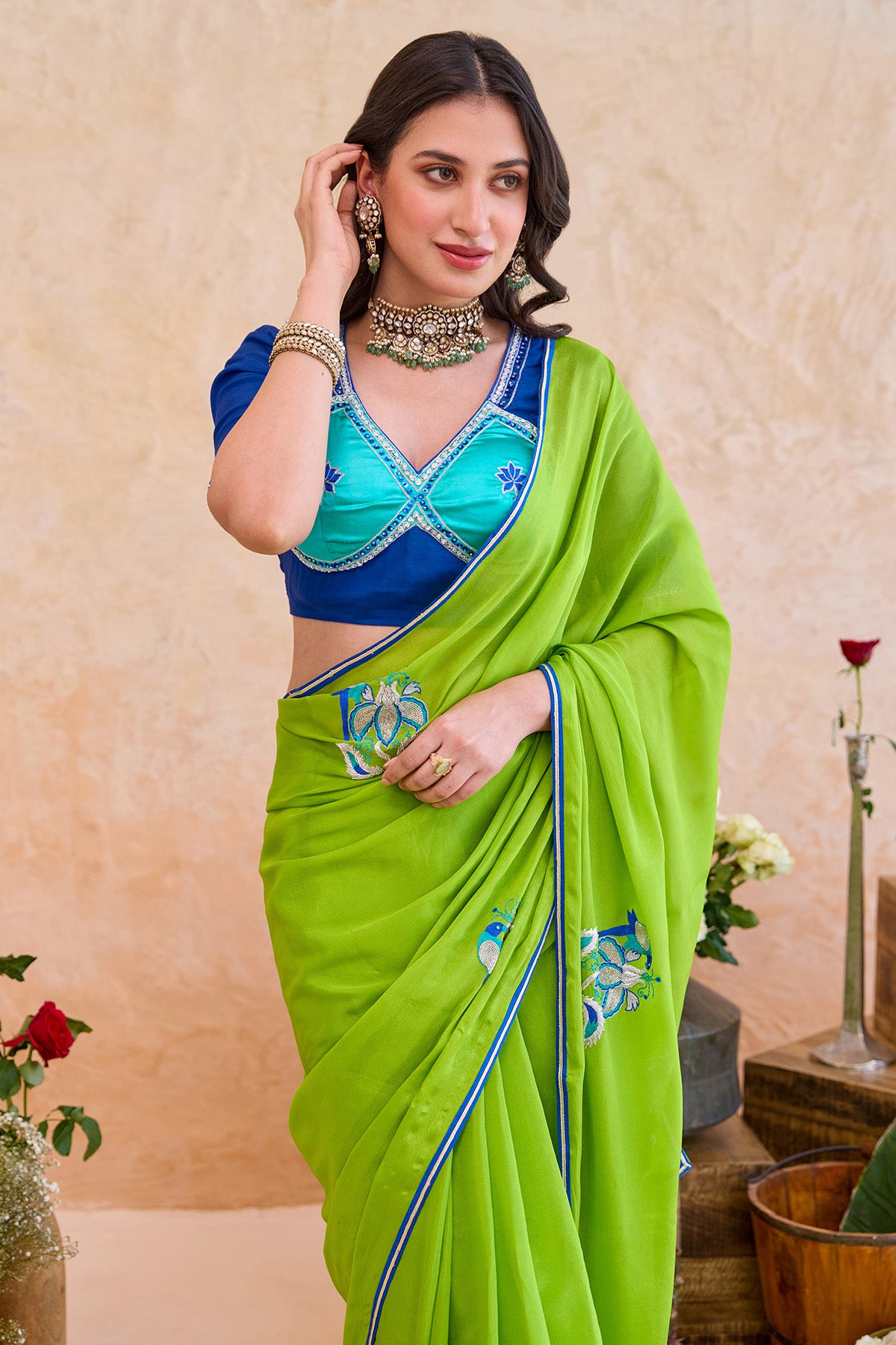 Parrot Green Floral Saree Set