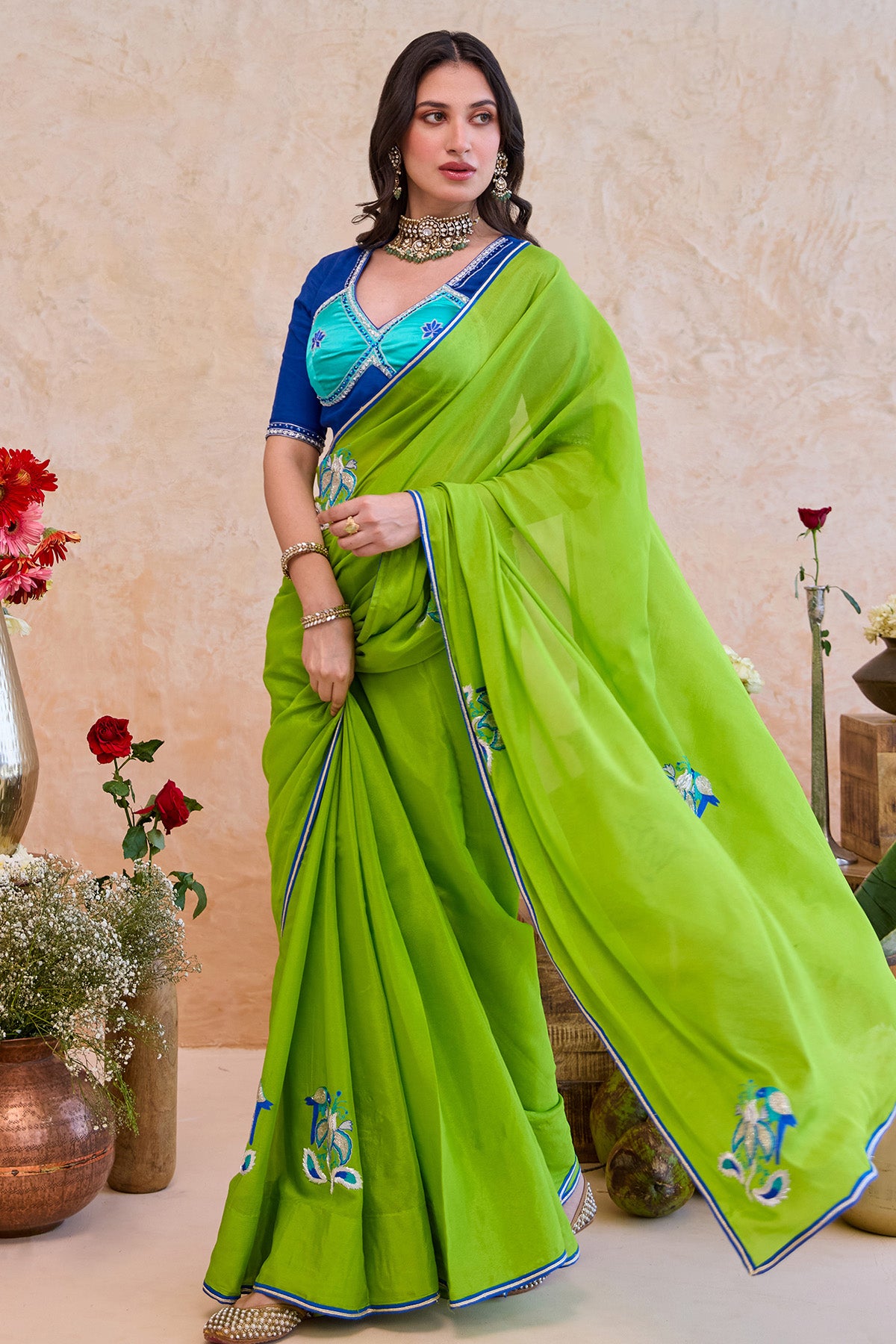 Parrot Green Floral Saree Set