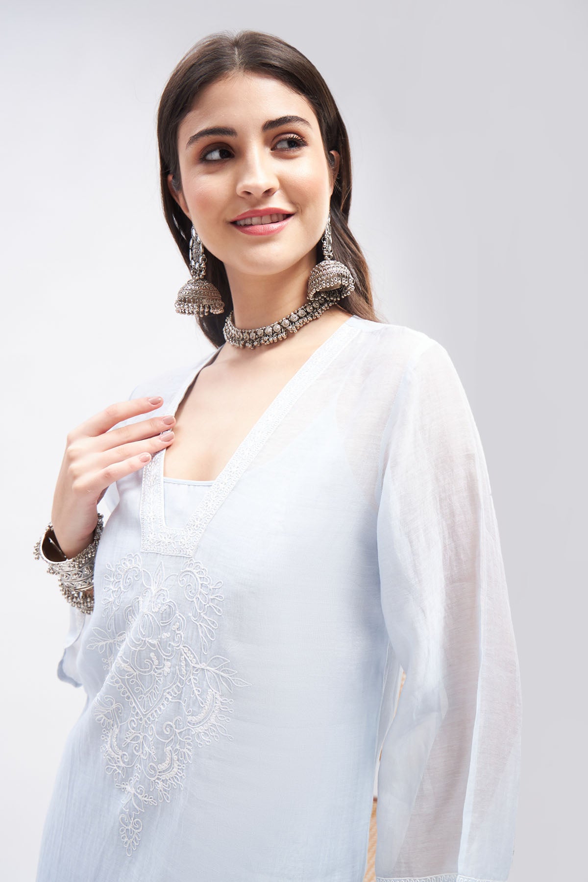 Pastel Blue Aari Work Kurta Set