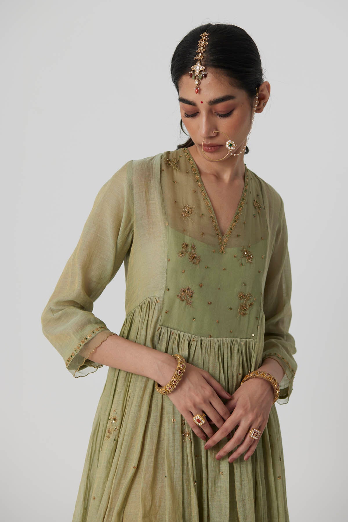 Pastel Green Gathered Kurta Set