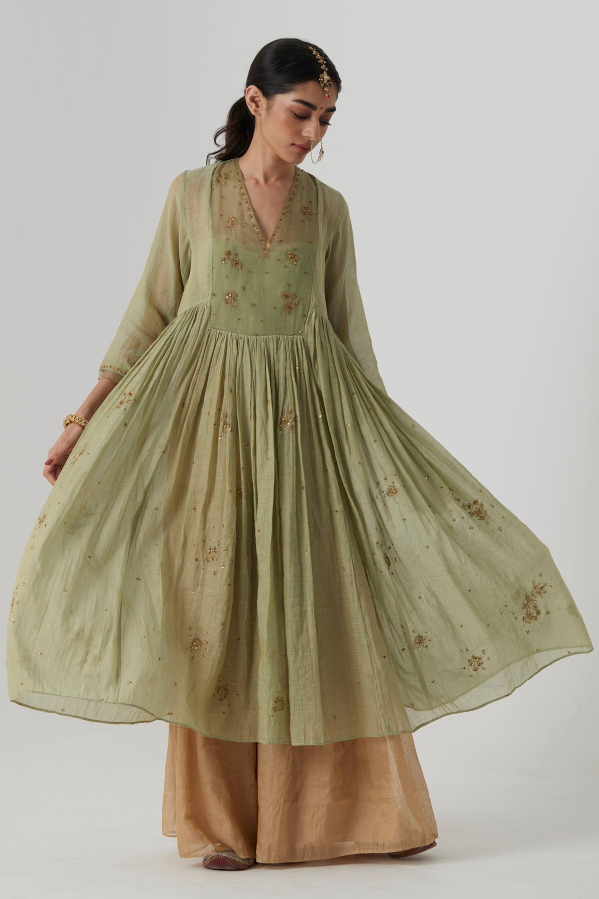 Pastel Green Gathered Kurta Set