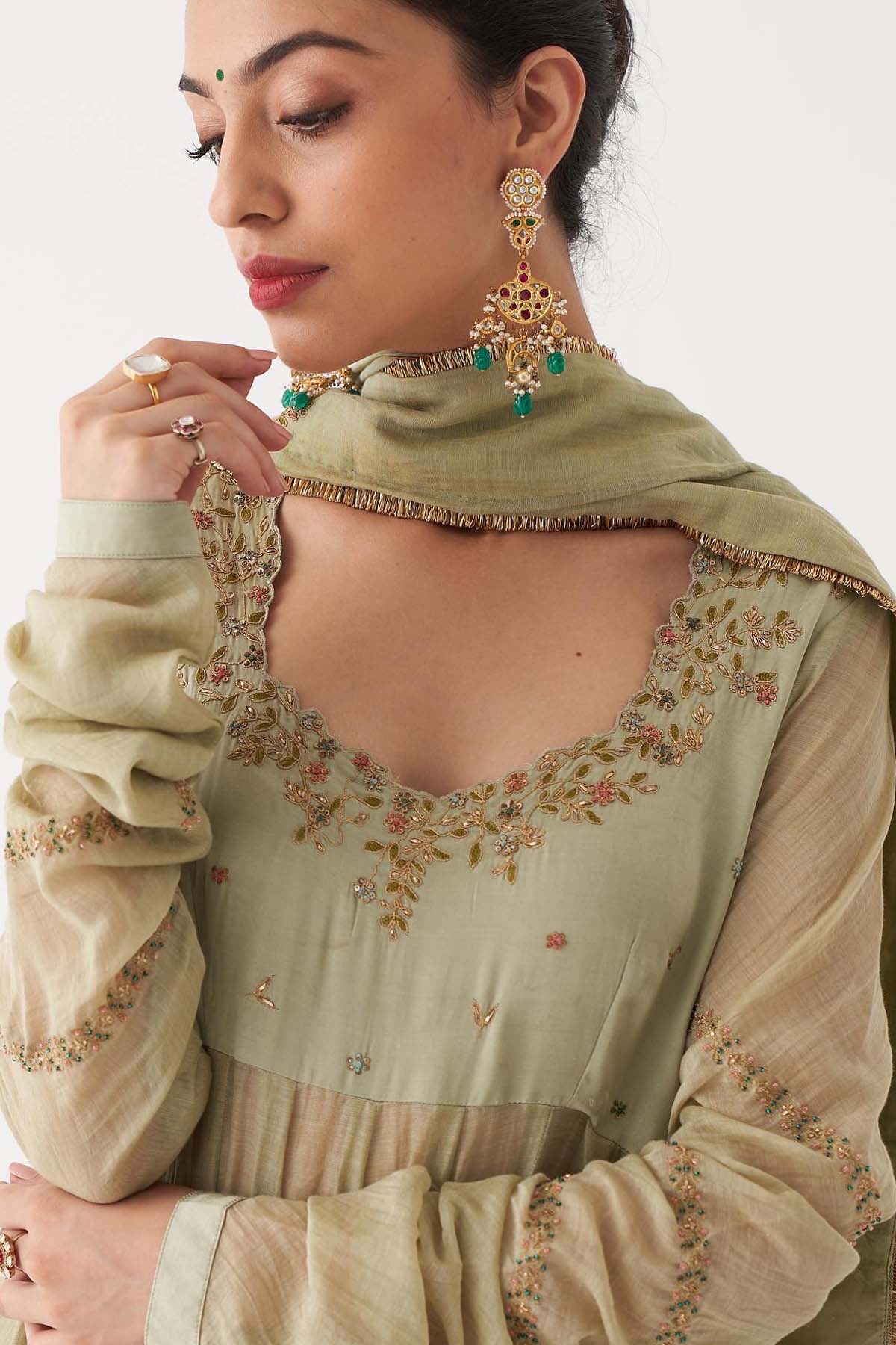 Pastel Green Zardozi Anarkali Set
