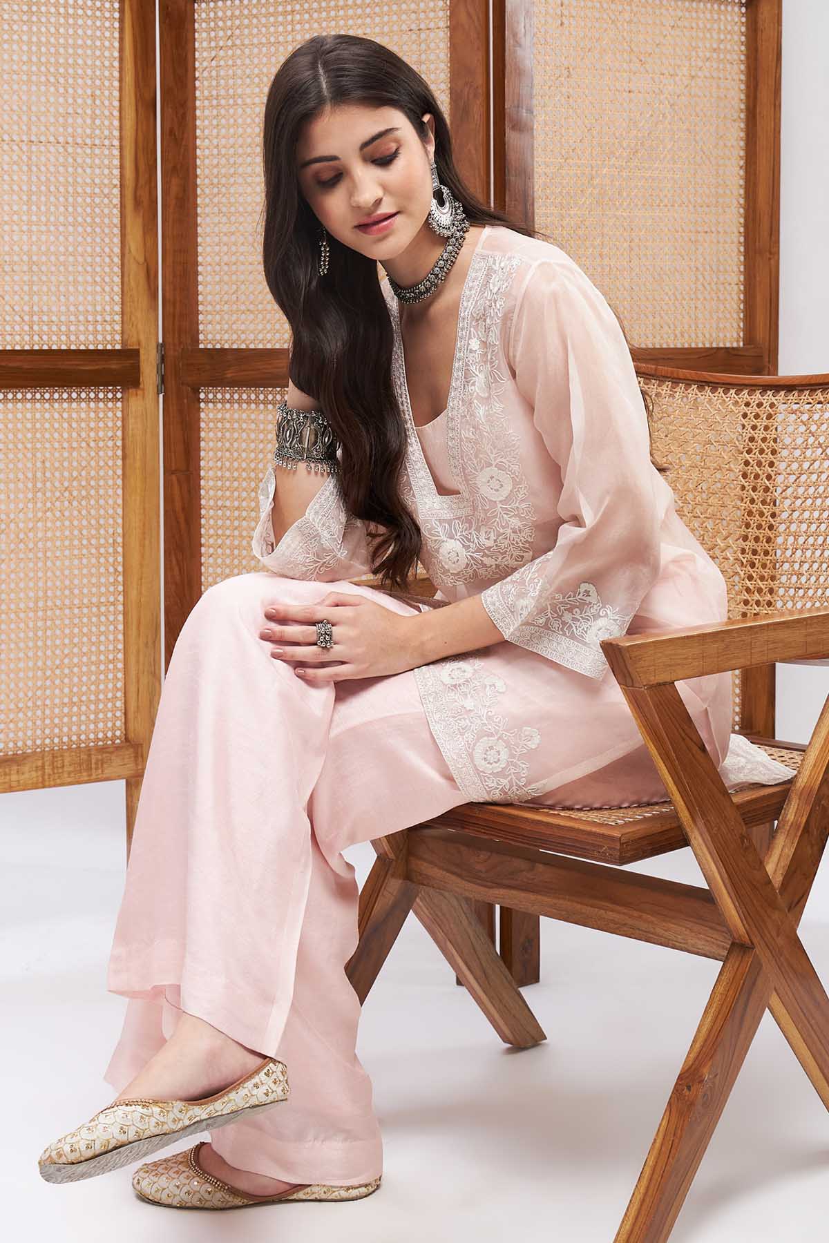 Pastel Pink Aari Work Kurta Set