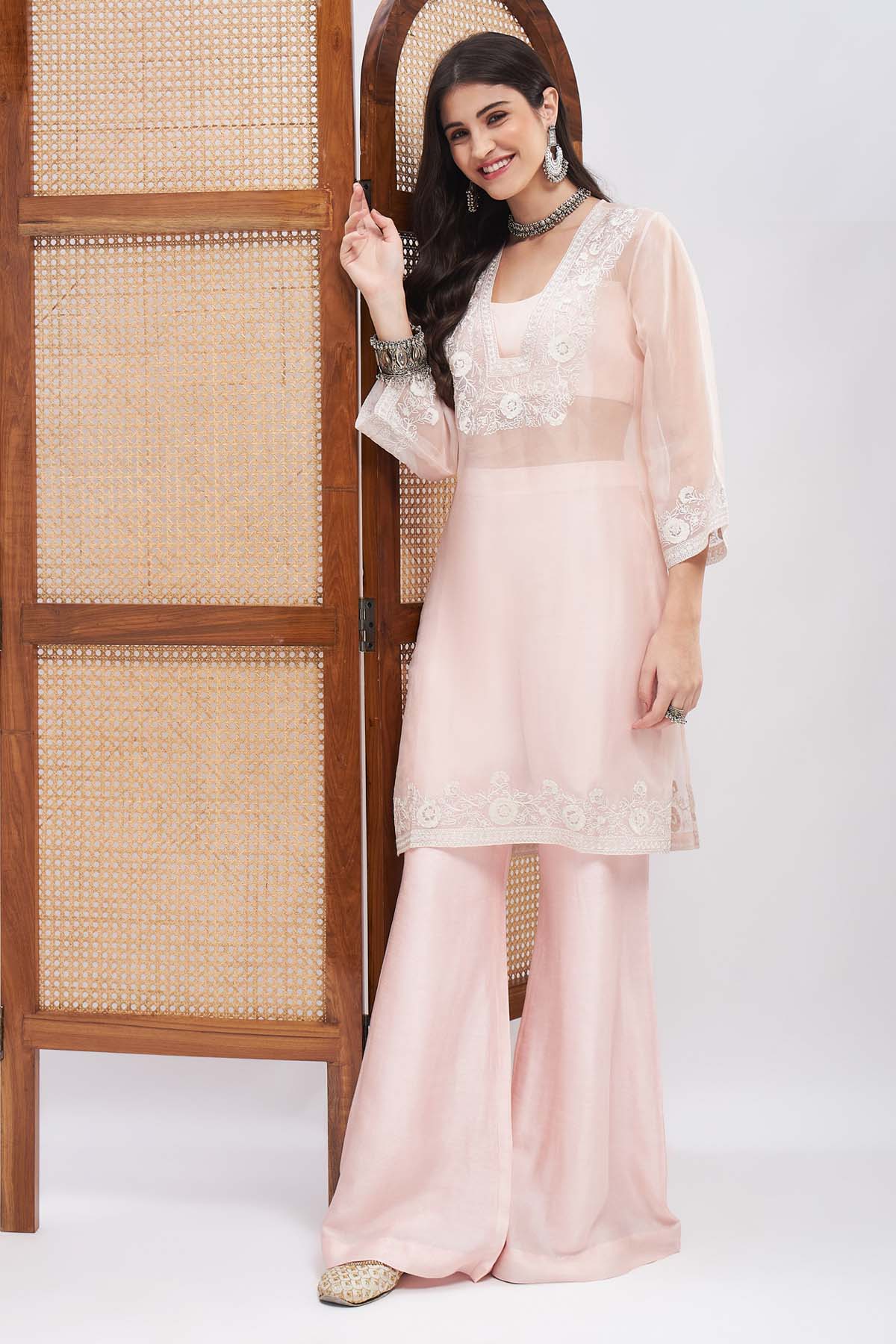 Pastel Pink Aari Work Kurta Set