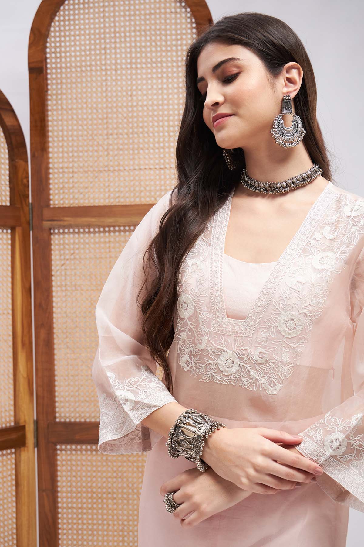 Pastel Pink Aari Work Kurta Set