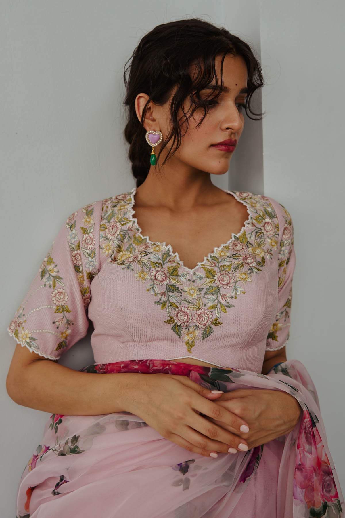 Pastel Pink Floral Saree Set