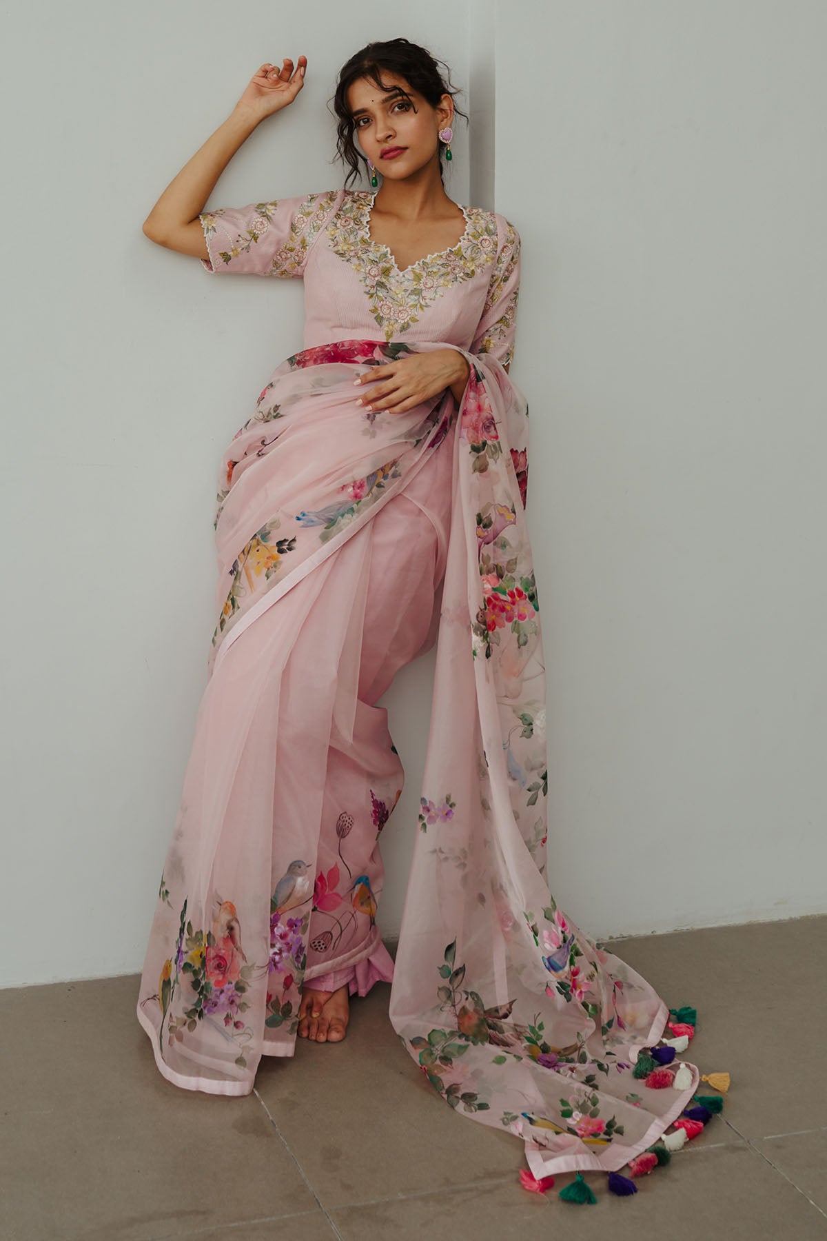 Pastel Pink Floral Saree Set