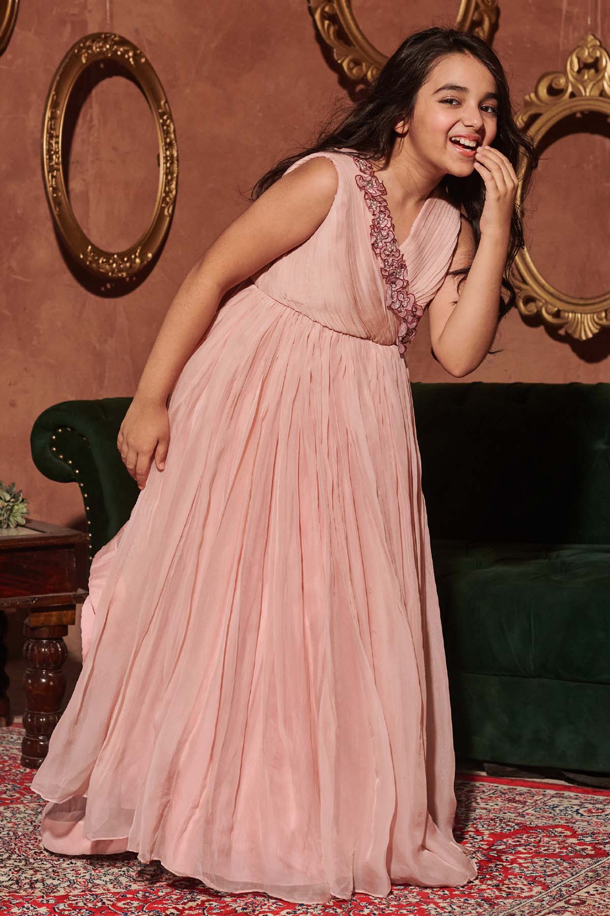 Pastel Pink Organza Pleated Gown