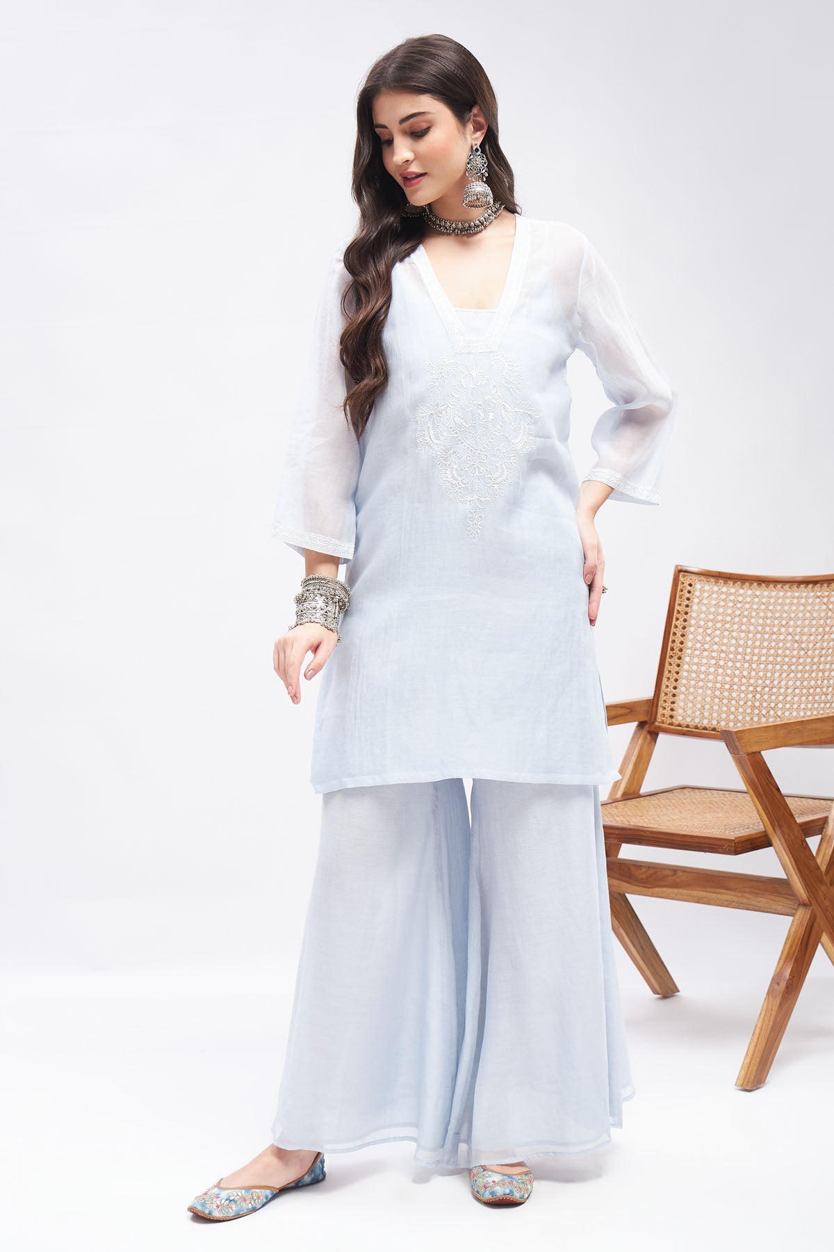 Pastel Blue Aari Work Kurta Set