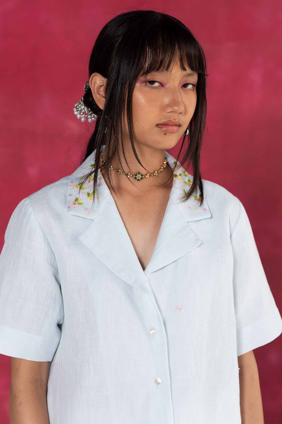 Pastel Blue Embroidered Shirt