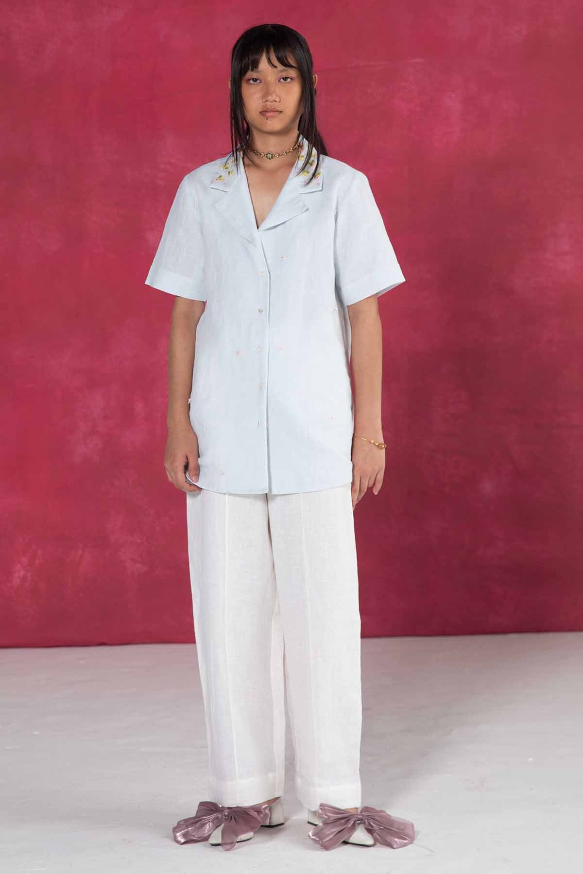 Buy Designer Pastel Blue Embroidered Shirt Online