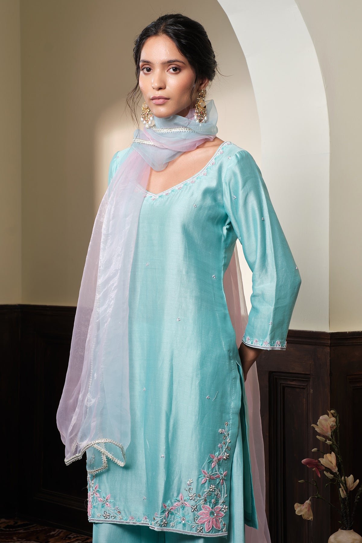 Pastel Blue Floral Kurta Set