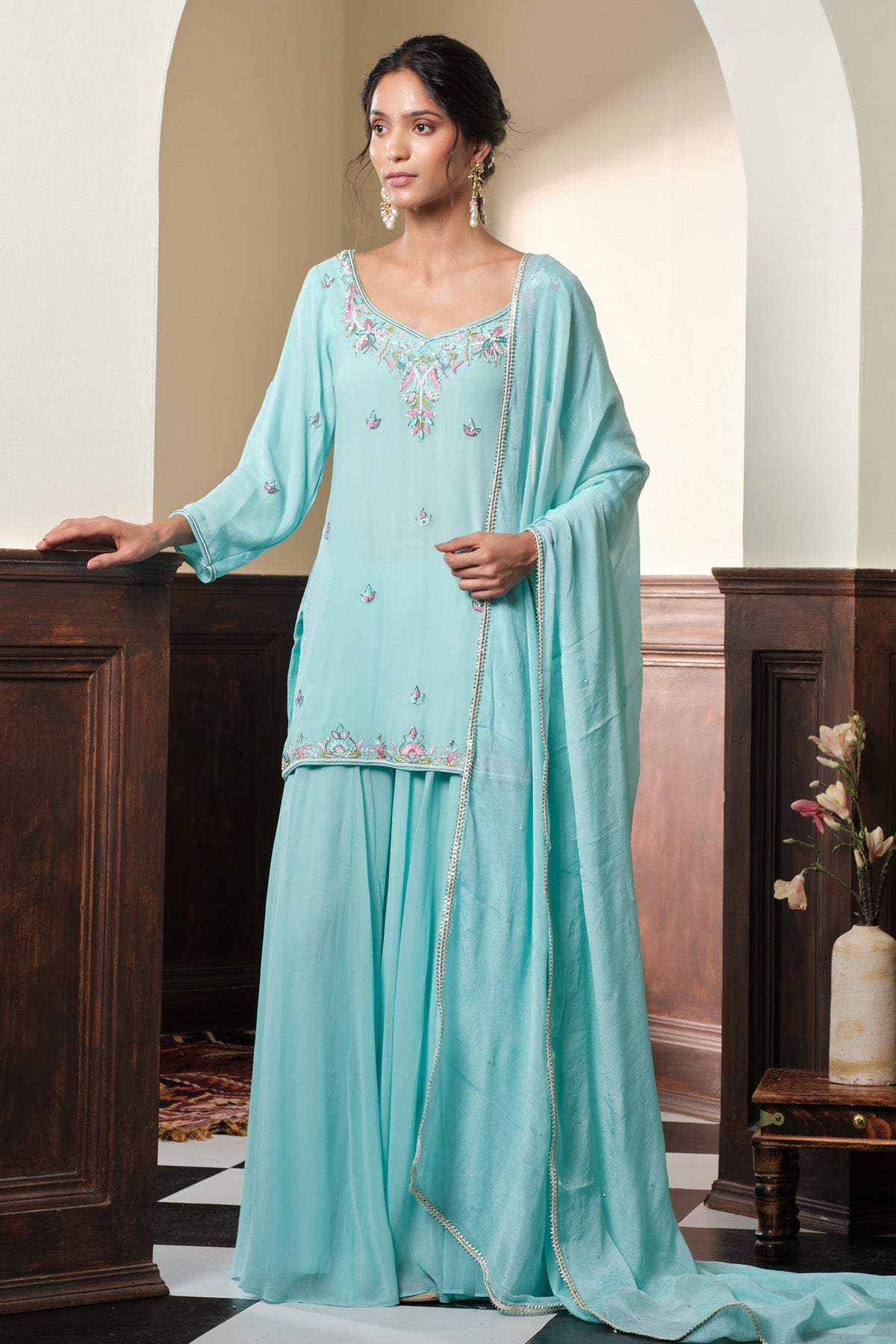 Buy Pastel Blue Georgette Kurta Set for women online available at Scrollnshops 