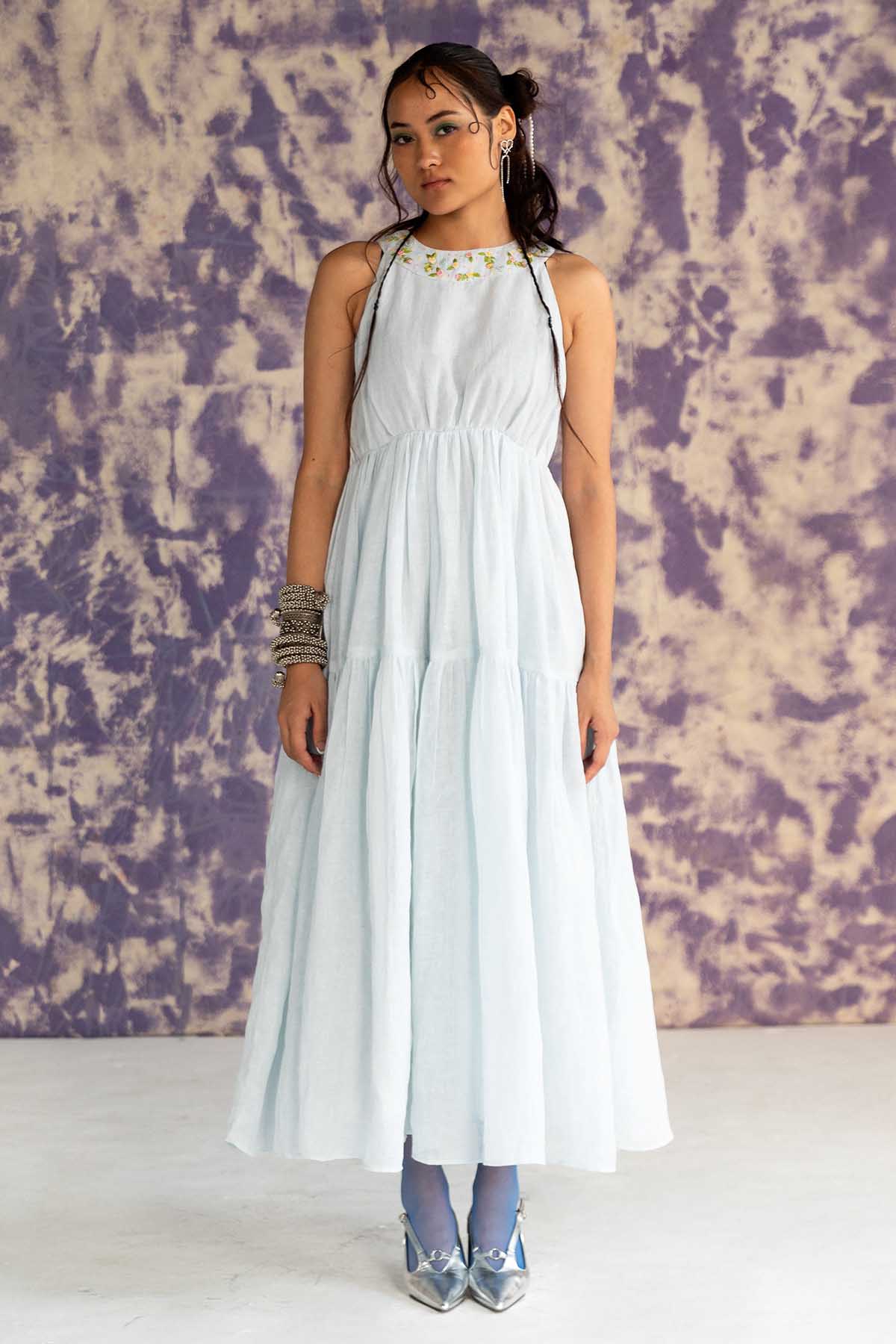 Buy Pastel Blue Halter Neck Dress by Journal by Pranay at ScrollnShops Buy Pastel Blue Halter Neck Dress by Journal by Pranay at ScrollnShops